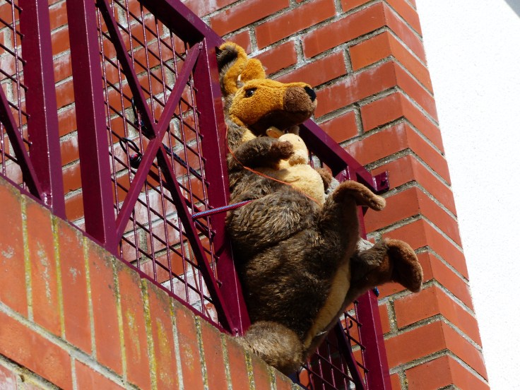 Hanging from the balcony of another house