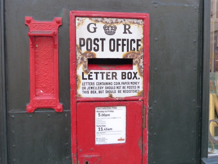 The letters give an indication of the age of this postbox. Not E R for Elizabeth Regina, but G R for King George Regina.