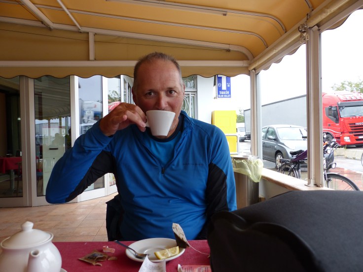 Steve isn't too keen on the strong Italian coffee, so he's become a tea drinker. The pinkie finger went into action again today!