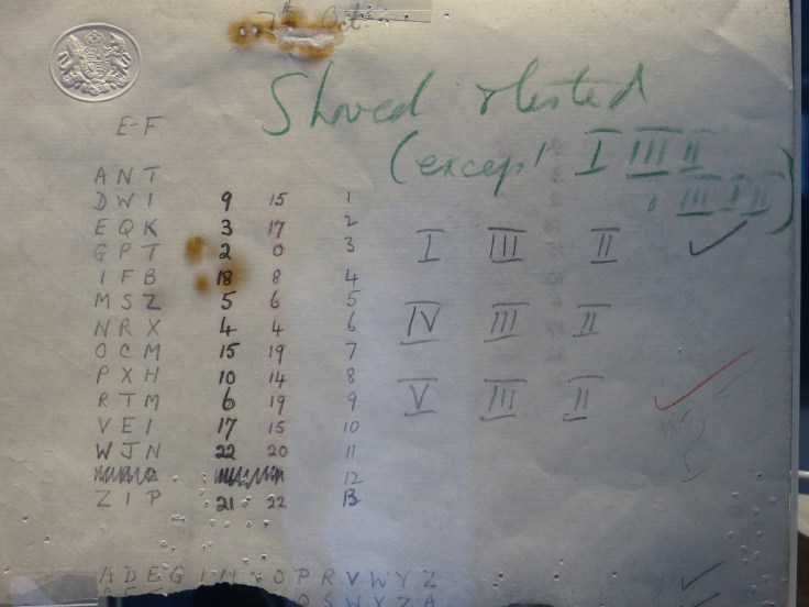 Notes with letters that probably relate to Enigma message settings and numbers relate to the ring settings